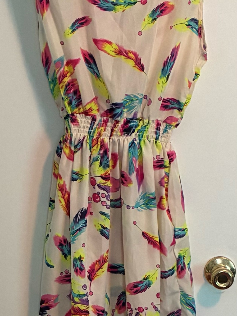 Girls' Cream Feather-Print Summer Dress